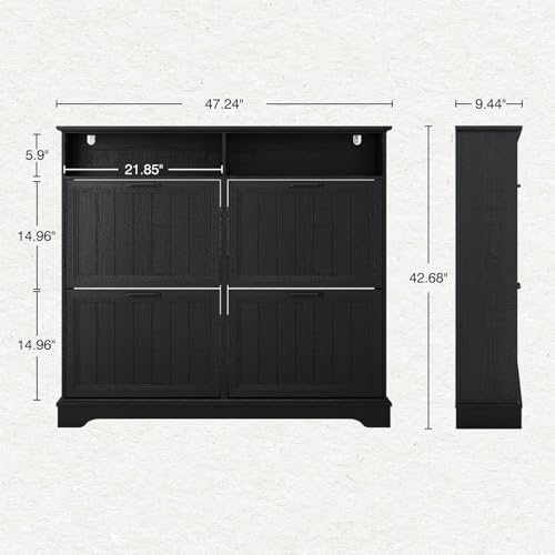 Shoe Storage Cabinet with 4 Flip Drawers, Farmhouse Modern Hidden Shoes Rack Cabinet with Adjustable Shelves & Open Storage, Narrow Slim Shoe Organizer for Front Door Entrance, Entryway, Hallway,Black - color: Black, size: 4-Drawers