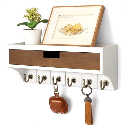 Rebee Vision Farmhouse Pine Wood Key Holder Wall Mount with Drawer Organizer – Decorative Mail Organizer with 6 Key Hooks & Wall Shelf – Home Organization and Room Decor (White & Retro Brown) - color: White & Brown, style: 1-Drawer