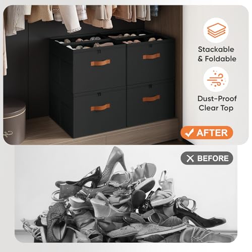 Shoe Organizer for Closet, 2-Pack Foldable Shoe Storage Box with Adjustable Dividers & Clear Cover, Fits 16 Pairs, Black, Durable and Space-Saving - color: Black, size: 2 Pack