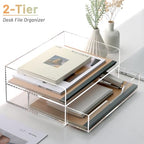 SANRUI 2-Tier Paper Letter Tray Organizer with Sliding Drawer,Stackable Desk Organizer,Acrylic Paper Tray for Office,Home or School,Clear - style: 2 Tier Horizontal File Tray with Drawer