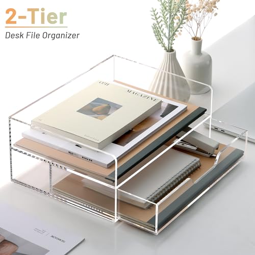 SANRUI 2-Tier Paper Letter Tray Organizer with Sliding Drawer,Stackable Desk Organizer,Acrylic Paper Tray for Office,Home or School,Clear - style: 2 Tier Horizontal File Tray with Drawer