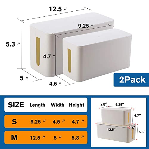 Cable Management Box Organizer, Pack of 2 Wire Concealer to Cover Hide Surge Protector & Power Strip on Desk Floor, with 5 Cord Fastening Tapes for Office, Home, Kitchen (Ice White) - color: White