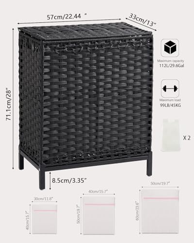 SETVSON Laundry Hamper with Lid, 112 L Handwoven Rattan Wicker Laundry Basket, 2 Removable Liner Bags Metal Heightened Feet, 6 Mesh Bags, 2 Section Large Clothes Hamper for Bathroom Bedroom, Black - color: Black, size: 112 L - 29.6 gal