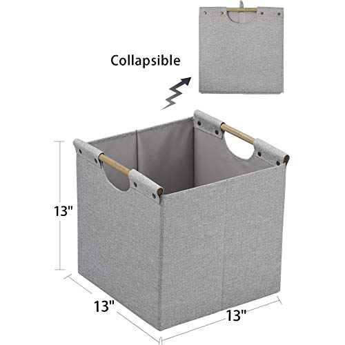 HOONEX Collapsible Storage Bins, 13x13x13in Storage Cubes Linen Fabric, 3 Pack, Storage Baskets with Wooden Carry Handles and Sturdy Heavy Cardboard, for Home, Office, Car, Nursery, Light Grey - color: Light Grey, size: 13" L x 13" W x 13" H