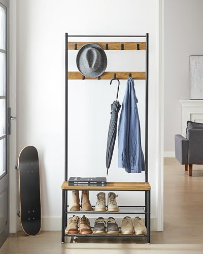 VASAGLE Coat Rack, Hall Tree with Shoe Storage Bench, Entryway Bench with Shoe Storage, 3-in-1, Steel Frame, for Entryway, 12.6 x 27.6 x 68.9 Inches, Industrial, Rustic Walnut and Black UHSR041B41 - color: Rustic Walnut + Black, size: 27.6"W