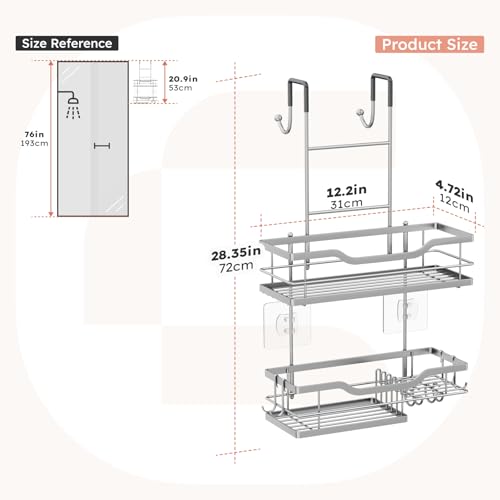Consumest Over Door Shower Caddy - 2 Tier Shower Shelves Hanging with Soap Holders, Large Capacity Shower Organizer with 4 Hooks, Bathroom Rack and Storage, Silver - color: Silver, size: 2 Tier