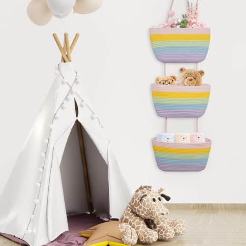 TeoKJ Over the Door Hanging Basket, 3-Tier Woven Cotton Wall-Mounted Storage Organizer Bag Decorative Hanging Nursery Baskets, Rainbow - color: Rainbow