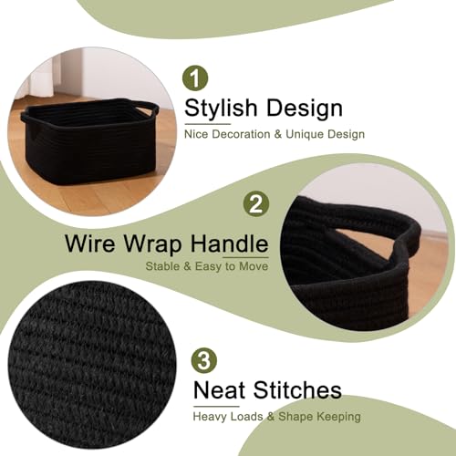 OIAHOMY Cotton Rope Woven Baskets for Storage, Nursery Rectangle Storage Basket with Handles for Shelves, Pack of 3, Black - color: Black