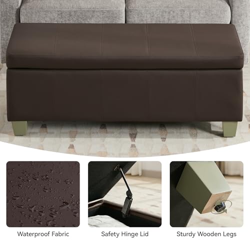 WUTUTUEE 51" Faux Leather Storage Ottoman, Stitch Tufted Rectangle Upholstered End of Bed Storage Bench, Entryway Large Couch Ottoman with Wooden Legs,Brown - color: Brown, size: 51 Inch
