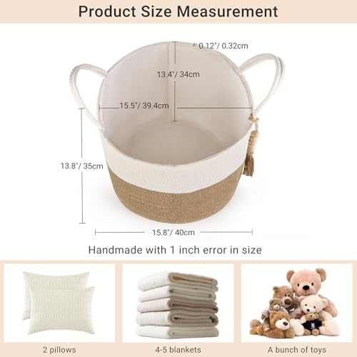 Mkono Woven Storage Basket Decorative Natural Rope Basket Wooden Bead Decoration for Blankets,Toys,Clothes,Shoes,Plant Organizer Bin with Handles Living Room Home, 16" Wx13.8 L, Cream White and Brown - color: Cream White and Brown, size: 16" W × 13.8"L
