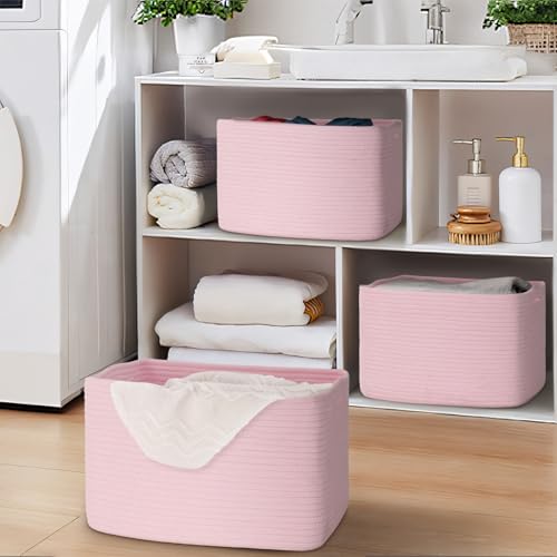 Baskets for Organizing,Storage Baskets,3 Pack Baskets for Shelfves,15"×10"×9" Woven Pink Basket,toy storage bins,bins for organization - color: Pink
