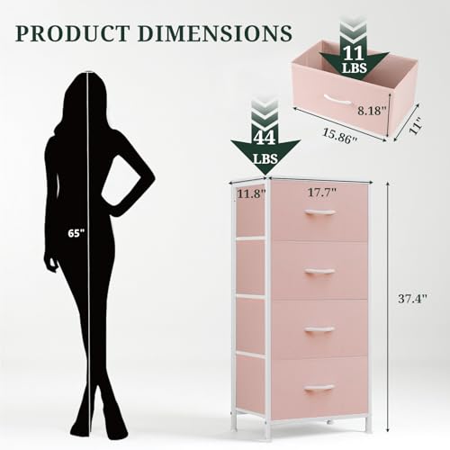 Nightstand, 4 Drawer Dresser End Table Bedside Furniture with Wooden Top Steel Frame Fabric Bins for Bedroom, Closet, Entryway, Dorm, Living Room, Pink - color: Pink, size: 11.8"D x 17.7"W x 37.4"H (4 Drawers)