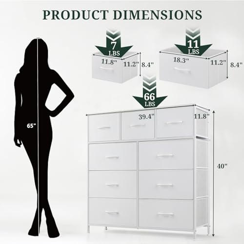 9-Drawer Dresser for Bedroom, Anti-Tip Tall Storage Organizer Chest of Drawers with Wooden Top and Metal Frame Fabric Bins for Closet, Living Room, Hallway, Entryway, White - color: White, size: 11.8"D x 39.4"W x 40"H (9 Drawers)
