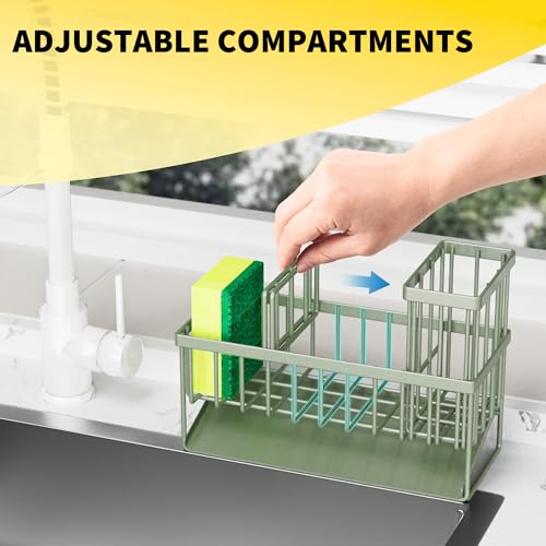 Cisily Kitchen Sink Caddy, Sponge Holder for Kitchen Sink, Kitchen Sink Organzier and Storage with High Brush Holder, 304 Stainless Gadgets Sink Accessories, Organizadores de Cocina Sage Green - color: Sage Green, size: 9.25″