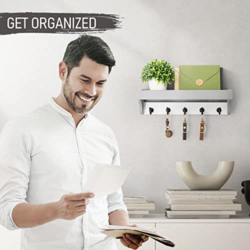 Rebee Vision Key Holder with Mail Organizer Wall Mount - Decorative Home Essentials for Key Rack with 5 Rustic Keys Hooks - Modern House Decor for Entryway (Gray & White) - color: Gray&White