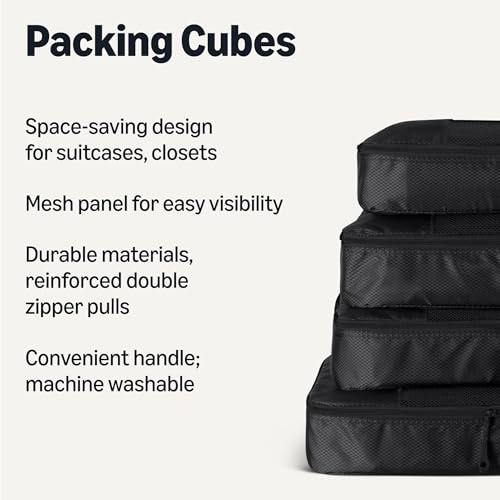 Amazon Essentials 4-Piece Packing Cubes Travel Accessories Set, Luggage Organizer with Double Zipper, Mesh Top, Space-Saving, Large, Black (Previously Amazon Basics) - color: Black, size: 4 x Large