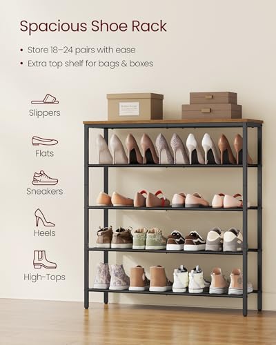 VASAGLE 5-Tier Shoe Rack, Large Shoe Storage Organizer for Closet, Entryway, 18-24 Pairs, with 4 Metal Mesh Shelves, 10.8 x 29.5 x 36.6 Inches, Rustic Brown and Black ULBS115KD01 - color: Rustic Brown, size: 5 Tiers (29.5"W)