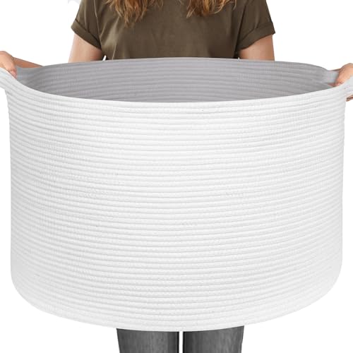 MEGASKET 115L White Cotton Rope Storage Basket, 23.6"x15.7" Extra Large Blanket Storage Living Room, XXXL Soft Toy Bin for Organizing, Woven Baby Laundry Basket with Handle, Wicker Hamper Nursery - color: White, size: 23.6"x23.6"x15.7"