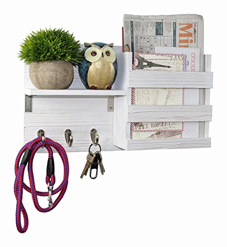 Spiretro Wall-Mounted Key Hooks Holder and Mail Sorter - Rustic Wood White - Entryway Organizer for Letters, Leashes, and Purses - Floating Shelf, 16.5” W x 9.75" H x 4.5” D - color: Rustic Whitewash with Wooden Grain