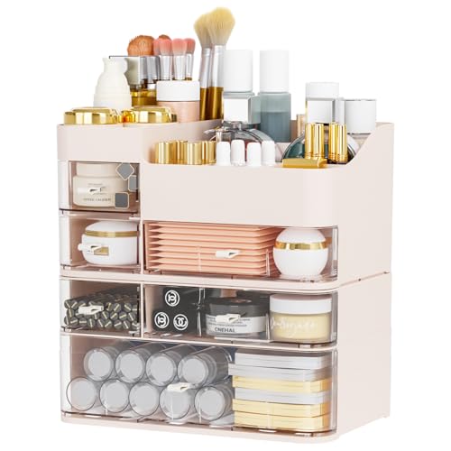 Pink Makeup Countertop Organizer,Large Capacity Make up Organizers for Vanity with 6 Drawer,Plastic Bathroom Skincare Organizers for Eyeshadow,Brush,Palettes,Perfume,Beauty Products,Skin Care Storage - color: Pink, size: Large-6 Drawers