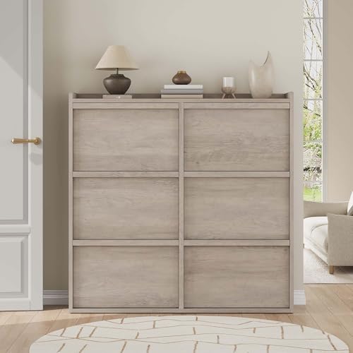 GarveeHome Shoe Cabinet with 6 Flip Drawers, Wooden Shoe Organizer Cabinet with Adjustable Shelf, Shoe Storage for Entryway, Hidden Shoe Cabinet for Hallway, Living Room, Grey - color: Grey, size: 6-Drawers