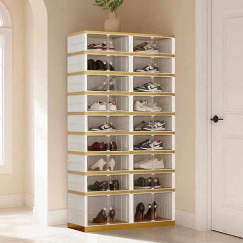 SYNCVIBE Shoe Rack Organizer for Closet Entryway Foldable Sneaker Storage Shoe, Collapsible Shoe Cabinet, Stackable Shoe Storage Cabinet with Lids for Living Room (9 Tiers -36 Pairs White Gold) - size: 9 Tiers -36 Pairs White Gold
