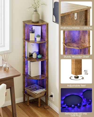 Corner Shelf Stand, 5 Tier Corner Bookshelf,Corner Furniture for Bedroom Display Corner Shelf for Small Space,Wood Shelves with Storage Rack for Living Room,Office, Rustic Brown - color: Rustic Brown