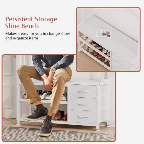Lulive Hall Tree with Bench and Shoe Storage, 31.5" Coat Rack Freestanding with 2-Tier Storage Shelf, 5-in-1 Entryway Bench Coat Rack with 12 Hooks and 3 Drawers(White) - color: White