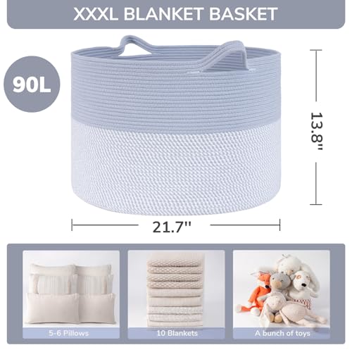 INDRESSME Large Rope Baskets - Organizing Storage, 21.7 x 13.8 Inch, Living Room, Kids, Decorative Nursery, Laundry, Towel, Gift Basket, Blue - color: Blue & White, size: 21.7"D x 13.8"H