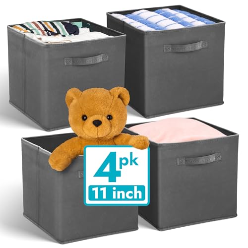 Reli. 11 Inch Cube Storage Bins (4 Pack) | Cube Organizer Bins | 11x11 Fabric Storage Boxes | Collapsible, Foldable Fabric Cubby Box (Square) | Kids Room Organization (Dark Gray)