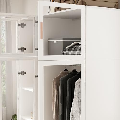 Hitow Wardrobe Cabinet with LED Lights, Armoire Closet with Glass Doors, Wooden Large Wardrobe with Hanging Rod & 5 Tiers Shelf, Modern Bedroom Armoire Clothes Organizer, White 47.2" W - color: 3 Door - White