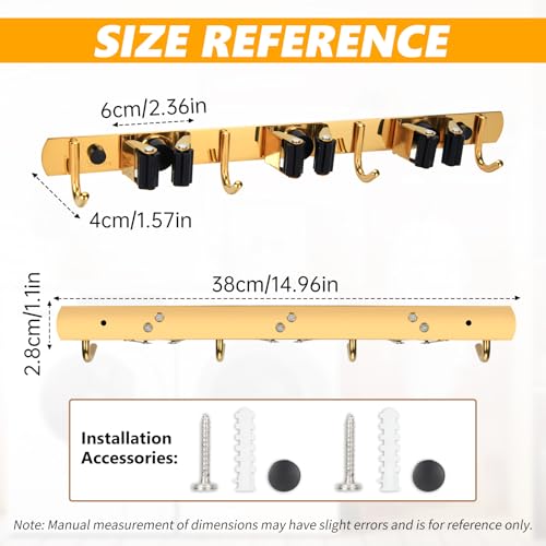 3 Racks and 4 Heavy Duty Hooks Mop and Broom Holder Wall Mount, Non-slip Organizer Storage Utility Tool Racks for Garage,Kitchen,Laundry Room,Garden. Gold - color: Gold