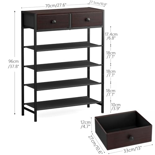 Shoe Rack, 5 Tier Shoe Organizer with 2 Drawers, Metal Shoe Storage for 16-20 Pairs of Shoes with Fabric Shelves and Wooden Top, Narrow Shoe Shelf for Closet Entryway Dark Brown - color: Dark Brown, size: 5 Tier(27.6 × 10.8 × 37.8)