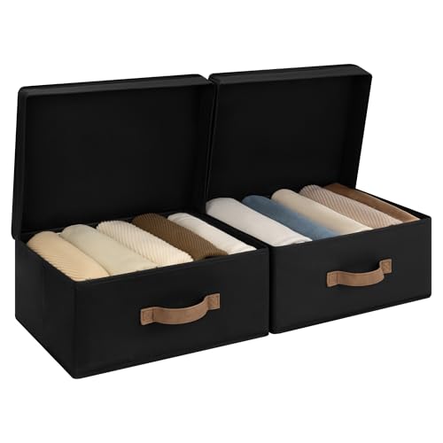 StorageWorks Fabric Storage Bins with Lid, Decorative Storage Boxes for Shelves, Stackable Closet Organizer and Storage Basket with Handle, Black, 2-Pack - color: Black, size: 15"L x 11¼"W x 6¼"H