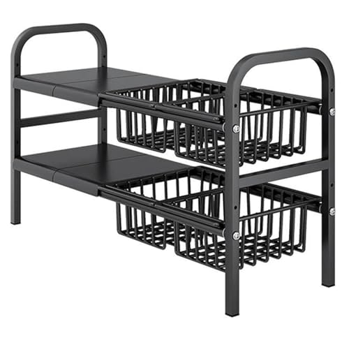 Under Sink Organizers, 2 Tier Stretchable Cabinet Shelf Organizer with 4 Removable Panels and 4 Under Shelf Basket for Under Bathroom Storage,Under Cabinet Shelves,kitchen Sink Storage Rack (black) - color: Black