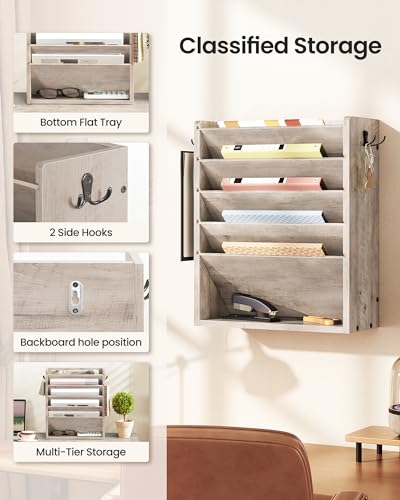 CHOEZON Wall File Organizer, 6-Tier Vertical Mount Hanging Holder with 2 Side Hooks, Modern Wooden Magazine Storage Holder with Bottom Tray, Desk Organizer, for Office, Home, Greige MWJ01FH - color: Greige, size: 6-Tier