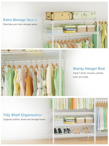 Ulif E11 Heavy-Duty Garment Rack, Metal Freestanding Clothes Rack and Closet Storage Organizer with 8 Shelves and 4 Hanger Rods, (73.2-97.6)" W x 14.5" D x 71.2" H, Load 1034 LBS, White - color: White