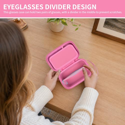 GWCASE Travel Glasses Organizer & Contact Lens Case - Adjustable Slots, Built-in Mirror, Tweezers, Solution Bottle & Hand Strap, Universal Fits Eyelasses/Sunglasses for Men & Women – Pink - color: Pink