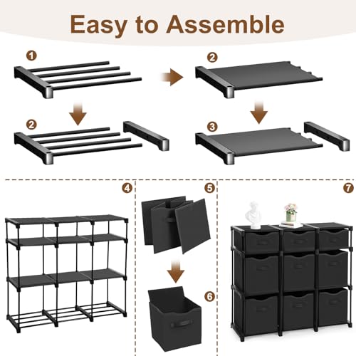 9 Cube Storage Organizer Shelf with Storage Bins and Label, 11 Inch Toy Cube Bins Clothes Closet Organizers Drawers Fabric Dresser for Living Room, Bedroom, Playroom, Dorm(Black) - color: Black