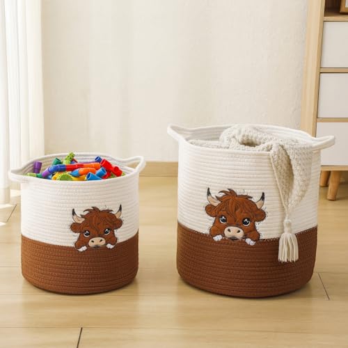INough Large Blanket Baskets for Living Room, Highland Cow Storage Baskets for Toys Organizer Woven Cotton Rope Basket for Kids, Clothes Hamper with Embroidery Highland Cow Decor for Nursery Laundry - color: Cow, size: Large