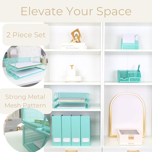BLU MONACO Aqua Mesh Paper Tray Set of 2 | Stackable Letter Trays for Desk Storage | Metal Document Holder and File Organizer for Home, Office and School | 13” x 9.8” x 5.6” Workspace Organizer - color: Aqua