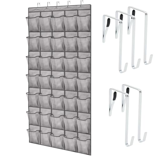 GORILLA GRIP Over the Door Shoe Organizer, 35 Large Breathable Mesh Pockets, Space Saving Hanging Storage Holder, 5 Hook Closet Rack Hanger, Hangs on Closets for Shoes, Accessories 68.5H x 24.5W Grey - color: Grey, size: 35 Pockets/5 Hooks