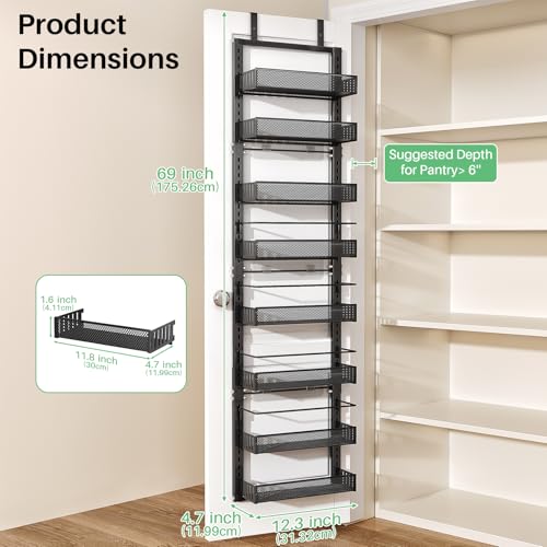 8 Tiers Over the Door Organizer - Height Adjustable Pantry Organizers and Storage with Dense Mesh Baskets, Anti-Swing Hanging Door Spice Rack for Kitchen Bathroom (Black, 12.3"W x 4.7"D x 69"H) - color: Black, size: 12.3"W x 4.7"D x 69"H