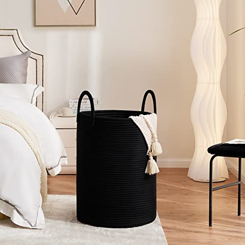 72L Large Woven Laundry Hamper by Fiona's magic, Tall Cotton Rope Storage Basket, Jute Baby Nursery Hamper for Blankets, Toys and Clothes in Bedroom and Living Room Organizing, Black - color: Black, size: Large(72L)