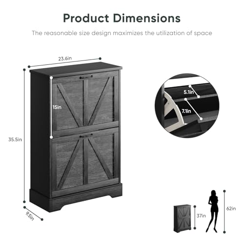 Smart FENDEE Shoe Cabinet, Shoe Storage Cabinet for Entryway with 2 Flip Drawers, Narrow Farmhouse Shoe Organizer Cabinet, Slim Shoe Rack Cabinet, 23.6in Black - color: Black, size: Width - 23.6 inches