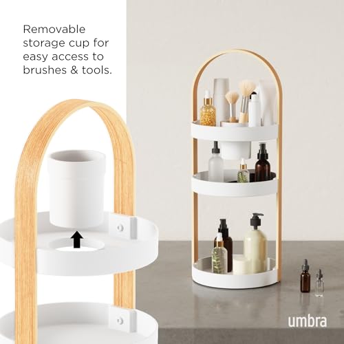 Umbra Bellwood Caddy, Organizer for Makeup and Cosmetics, Durable Rotating Container with Wooden Handle, Large, White/Natural - color: White/Natural, size: Large