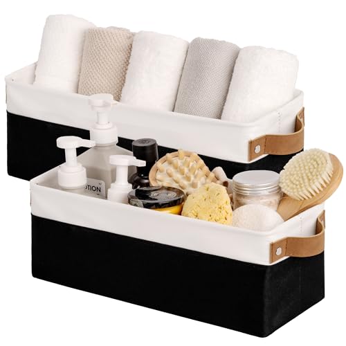 StorageWorks Narrow Storage Bins, Small Basket for Closet and Shelves, Fabric Organizer with Handles, Toilet Paper Storage, Black and White, 2-Pack - color: Black and White, size: 15"L x 6"W x 5"H