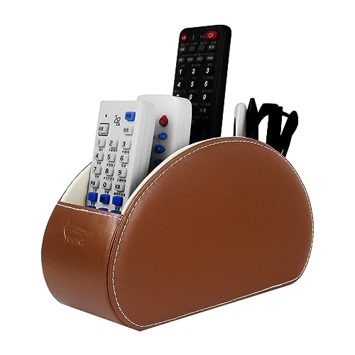 Remote Control Holder Organizer - Table Desk Leather Storage with 5 Spacious Compartments (Brown) - color: Brown