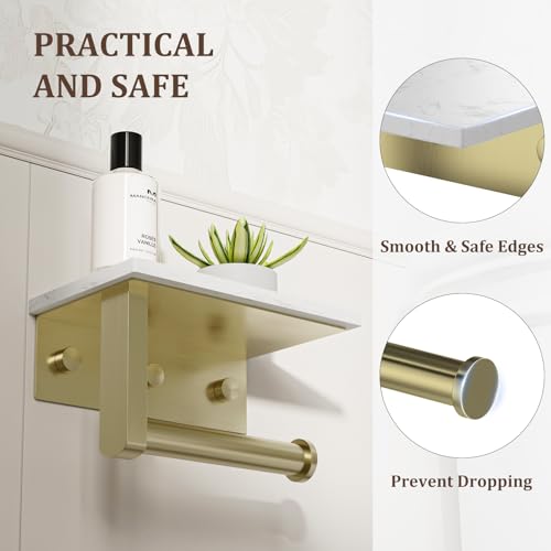 BWE Brushed Gold Toilet Paper Holder with Marble Shelf, Toilet Paper Roll Holder Wall Mounted, Toilet Paper Roll Holder with Phone Shelf 304 Stainless Steel Tissue Holder for Bathroom Washroom - color: Brushed Gold