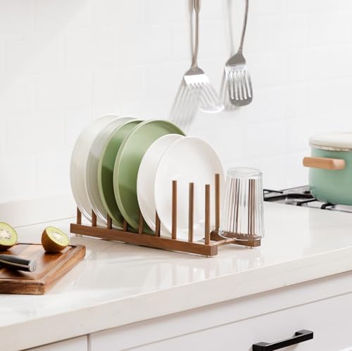 HBlife Acacia Wooden Dish Dying Rack Pot Lid Plate Organizer Holder for Cabinet, Cutting Board Stand Drainer Storage Plate Rack for Dish, Pot Lid, Bowl, Cup, Cutting Board and Books - color: Acacia 8 Slots 1pcs